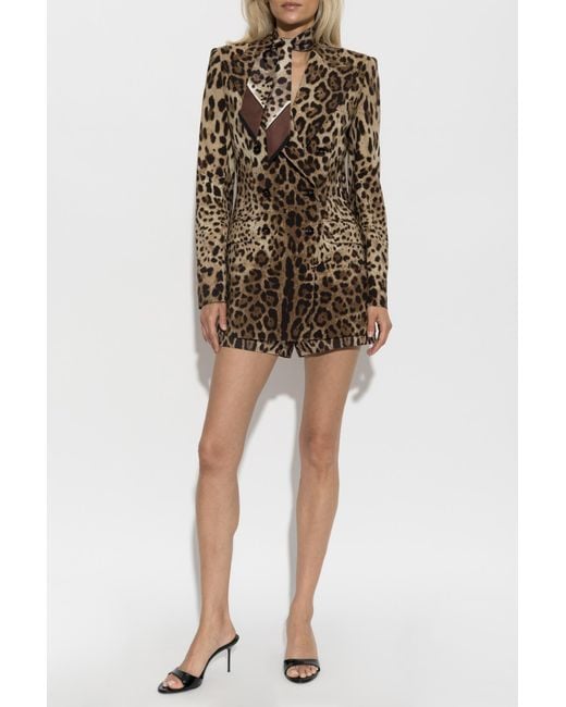 Dolce & Gabbana Brown Double-Breasted Blazer With Animal Print