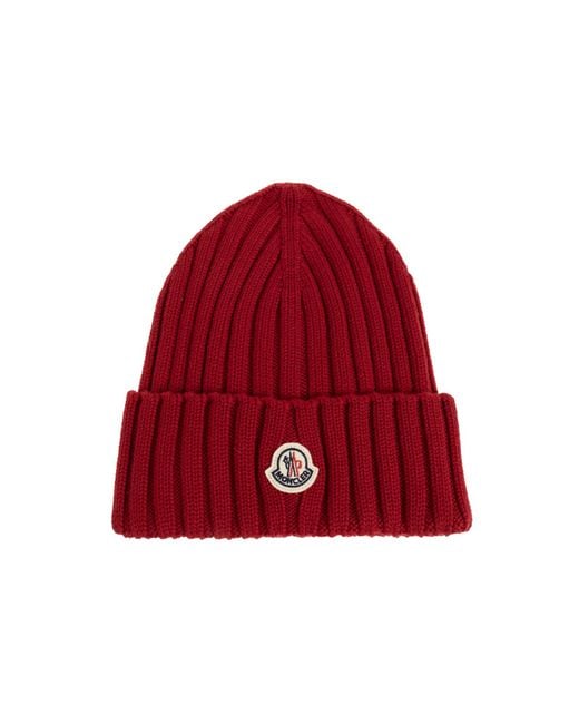 Moncler Red Wool Beanie With Logo Patch