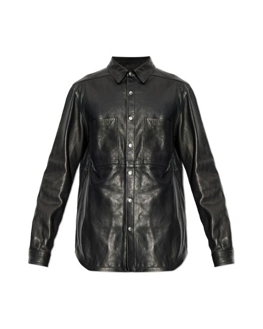 Rick Owens Black Leather Jacket With Pockets for men