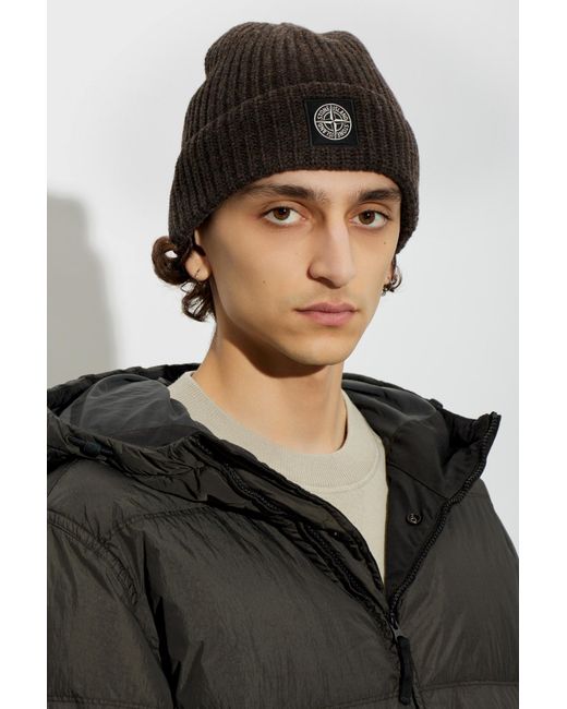 Stone Island Black Wool Beanie With Patch for men