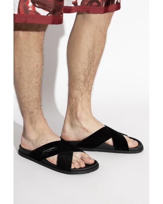Dolce & Gabbana Black Suede Slides With Logo Patch for men