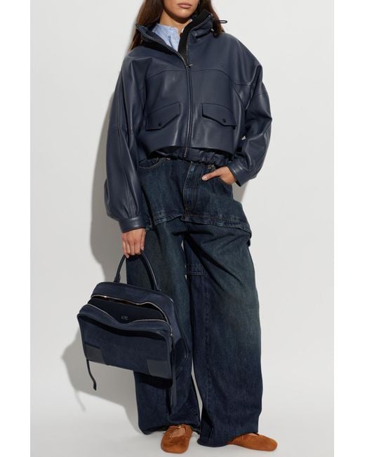 Loewe Blue Leather Jacket With Stand-Up Collar