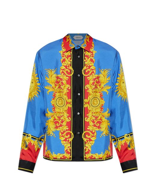 Versace Blue Silk Shirt With "The Sun" Print for men