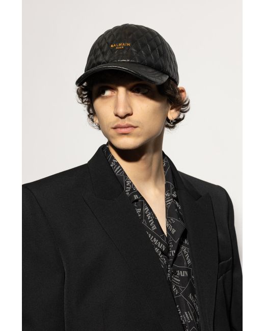 Balmain Black Leather Baseball Cap for men