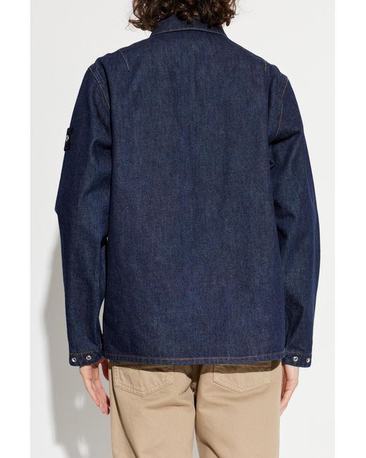 Stone Island Blue Denim Jacket With Logo Patch for men