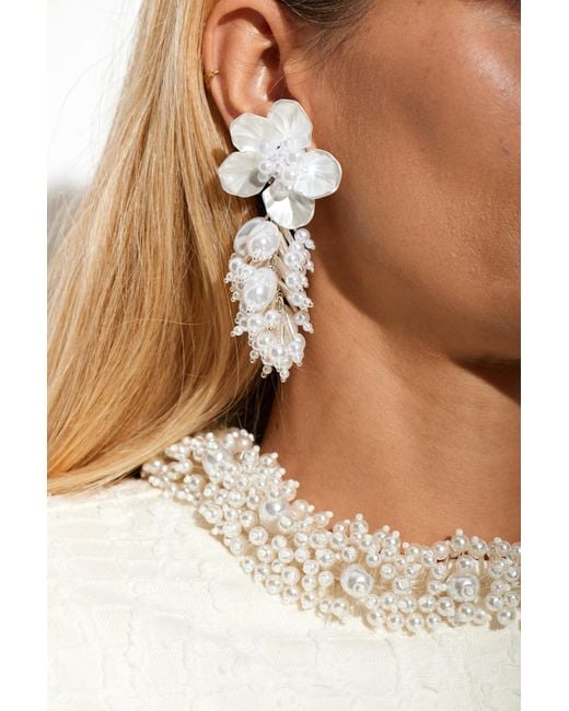 Self-Portrait White Earrings With A Pearly Flower And Beads