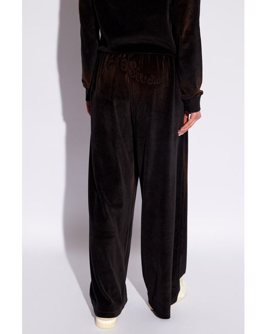Acne Black Velour Trousers With Logo,