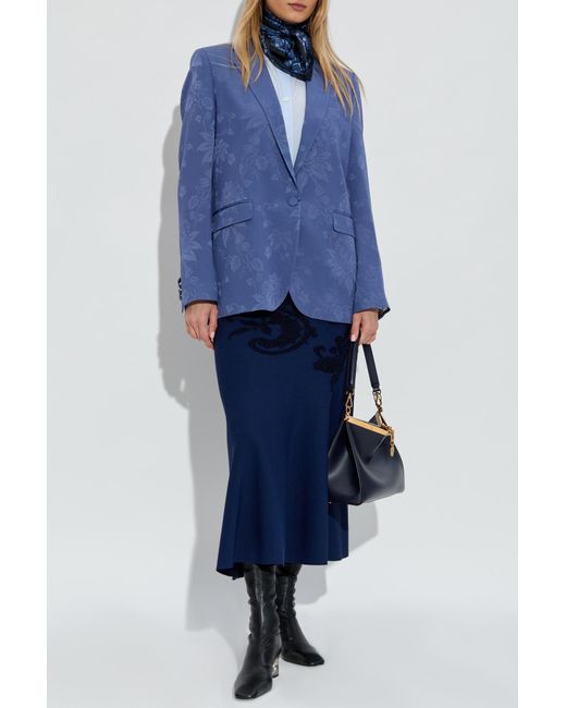Etro Blue Satin Blazer With Floral Pattern