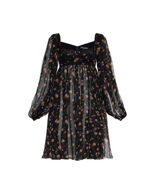 Dolce & Gabbana Black Silk Dress With Floral Motif