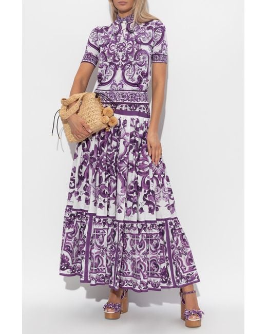 Dolce & Gabbana Purple Silk Polo Shirt With "Majolica" Print