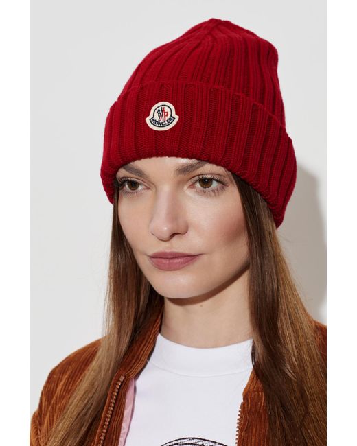 Moncler Red Wool Beanie With Logo Patch