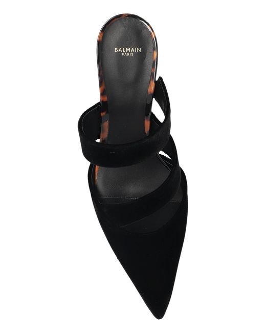 Balmain Black Leather Heeled Mules
