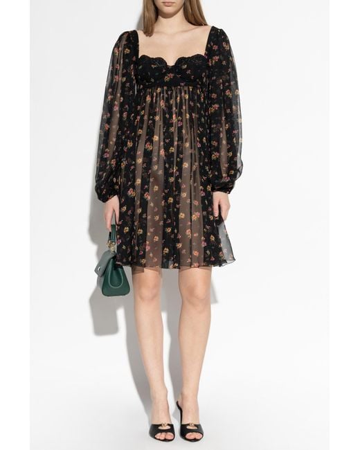 Dolce & Gabbana Black Silk Dress With Floral Motif