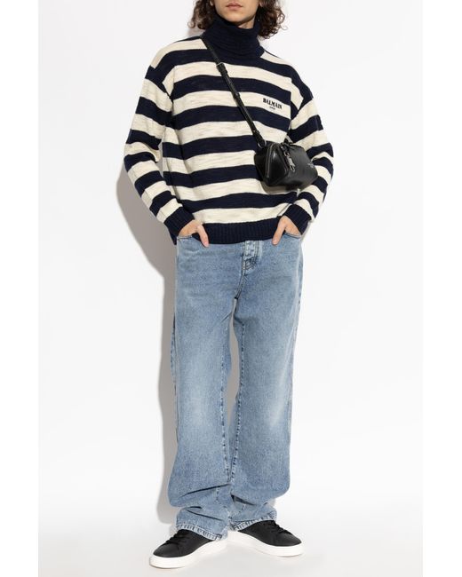 Balmain Blue Wool Turtleneck With Striped Pattern for men