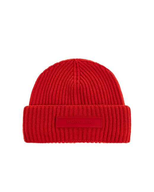 Moncler Red Wool Beanie With Logo Patch for men