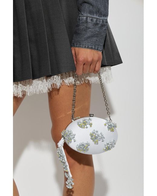 Self-Portrait White Satin Clutch With Appliqués