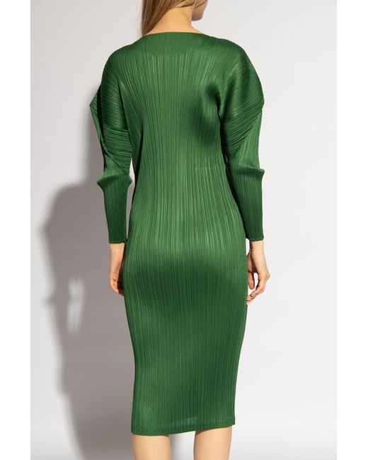 Pleats Please Issey Miyake Green Dress With Long Sleeves,