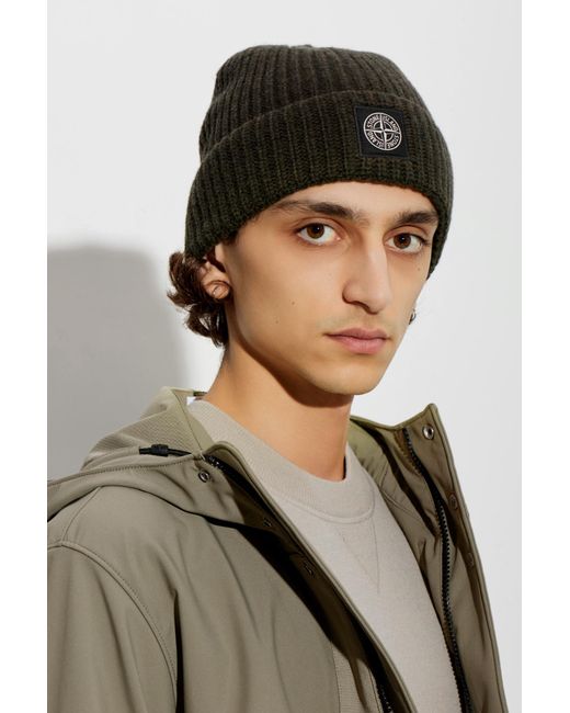 Stone Island Black Wool Beanie With Patch for men