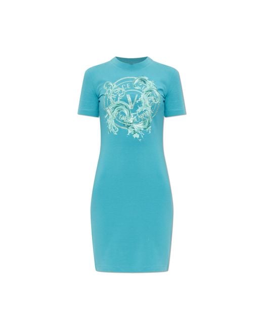 Versace Jeans Couture Blue Dress With Print And Shimmering Sequins