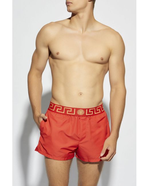 Versace Red Swim Shorts With Logo for men