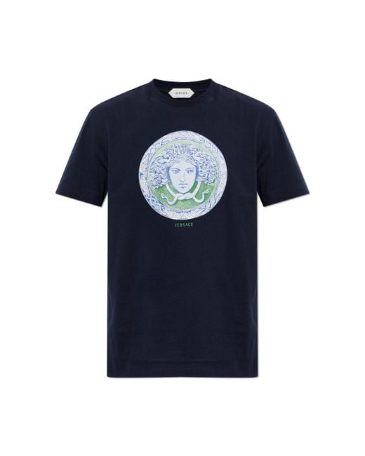 Versace Blue Cotton T-Shirt With Print for men