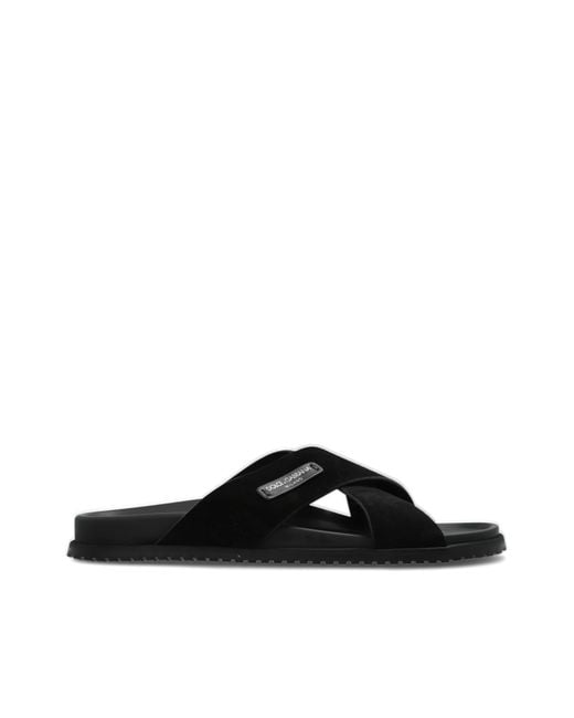 Dolce & Gabbana Black Suede Slides With Logo Patch for men