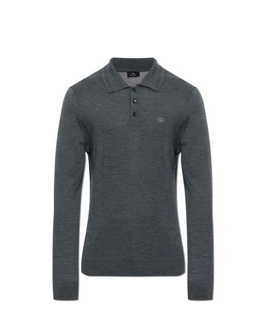 Etro Gray Wool Polo Shirt With Embroidered Logo for men