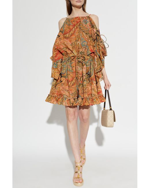 Etro Brown Patterned Off-Shoulder Dress