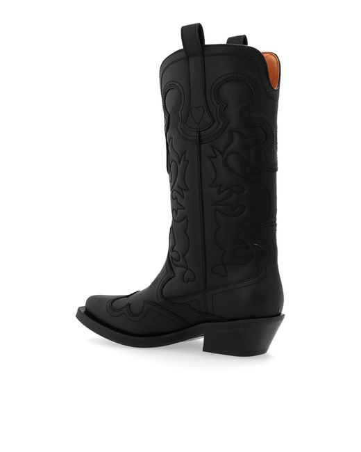 Ganni Black Cowboy Boots With A Pattern,