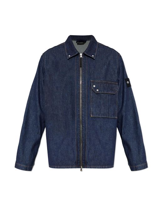 Stone Island Blue Denim Jacket With Logo Patch for men