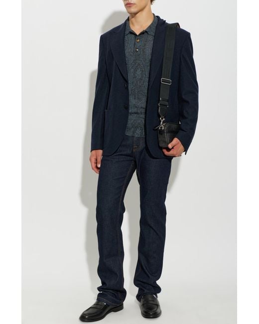 Etro Blue Wool Long-Sleeve Polo for men