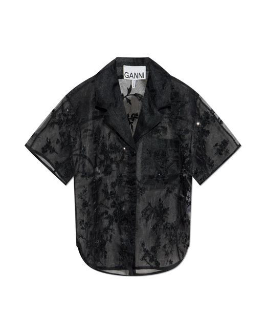 Ganni Black Transparent Shirt With Shimmering Appliqués