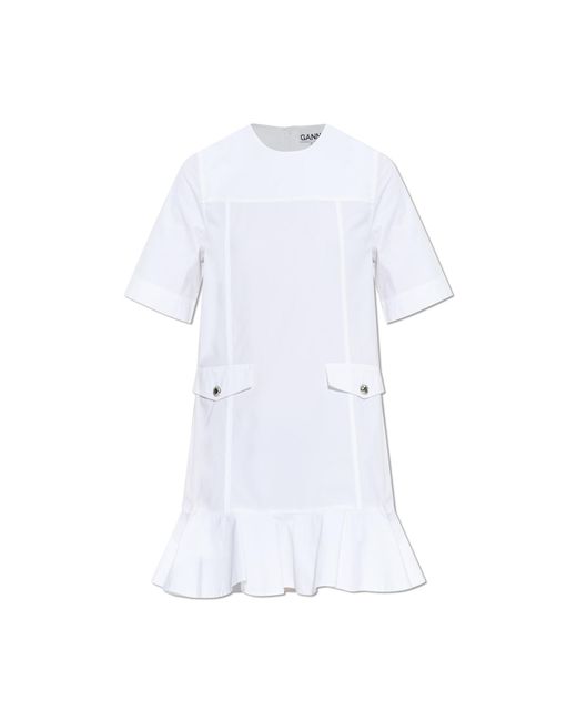 Ganni White Dress With A Ruffle