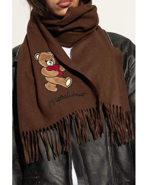 Moschino Brown Wool Scarf With A Distinctive Bear Motif
