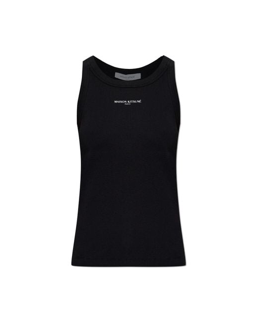 Maison Kitsuné Black Ribbed Top With Printed Logo