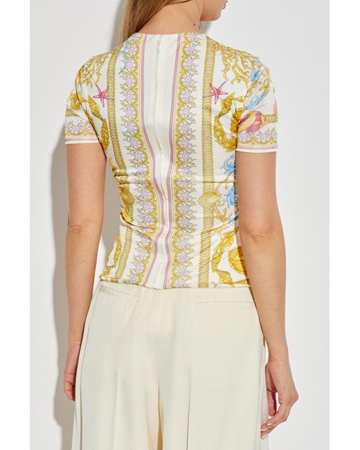 Versace Yellow Top With Decorative Draping And A Safety Pin