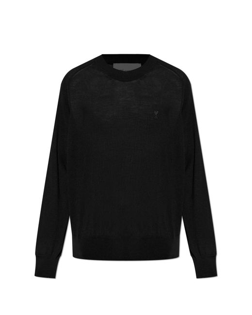 AMI Black Wool Sweater With Embroidered Logo for men