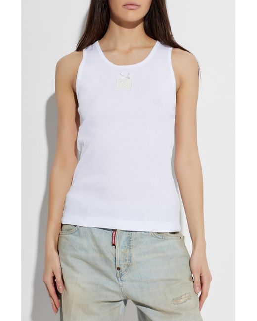 Dolce & Gabbana White Ribbed Top With Logo Patch