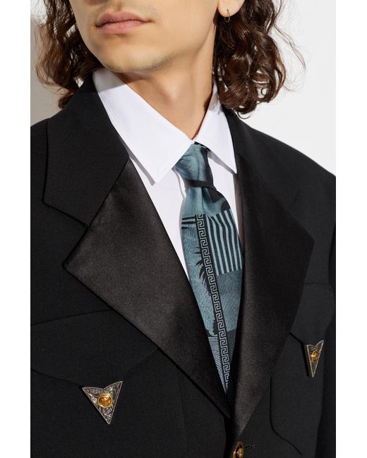 Versace Blue Silk Tie With 'Sunset Palms' Print for men