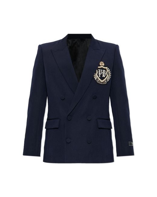 Balmain Blue Double-Breasted Blazer With Applique for men