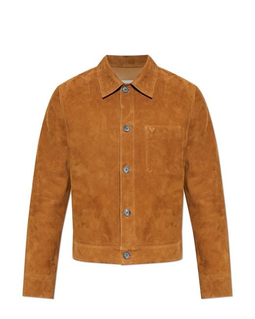 AMI Brown Suede Jacket With Embossed Logo for men