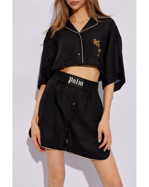 Palm Angels Black Embroidered Cropped Bowling Shirt