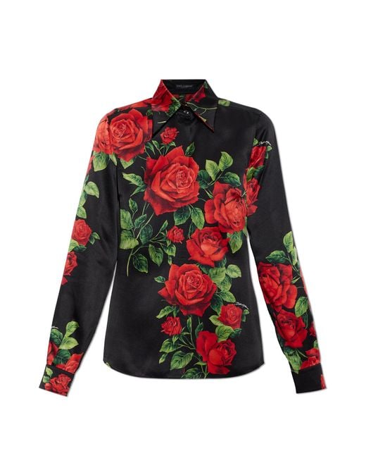 Dolce & Gabbana Red Silk Shirt With Floral Motif