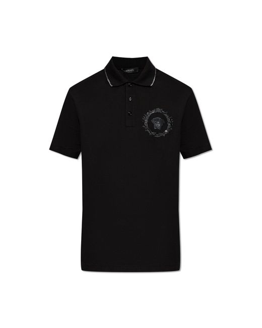 Versace Black Embroidered Polo Shirt for men