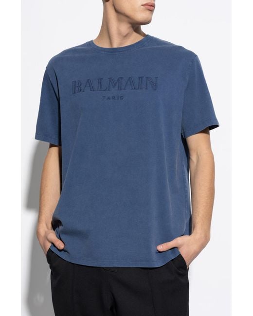 Balmain Men's Blue T-Shirt With Embroidered Logo