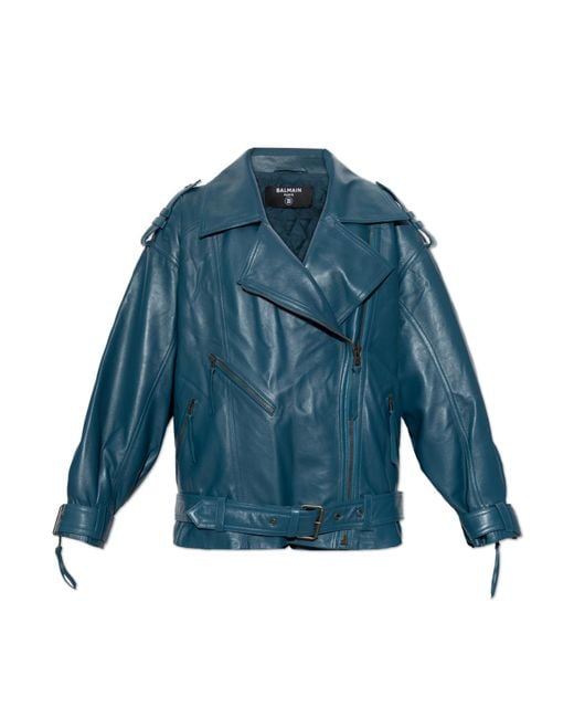 Balmain Blue Leather Jacket With Belt