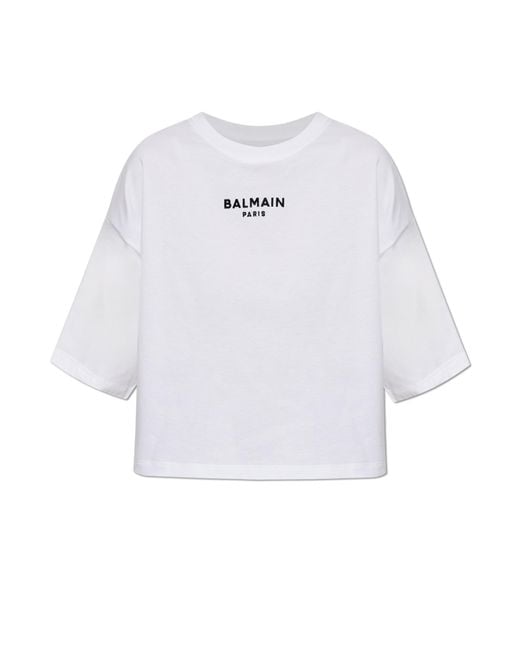 Balmain White Cropped T-Shirt With Embroidered Logo