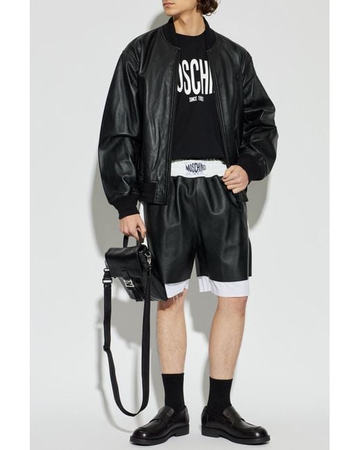 Moschino Black Leather Shorts With Logo for men
