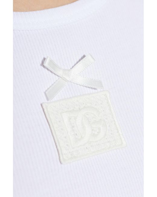 Dolce & Gabbana White Ribbed Top With Logo Patch