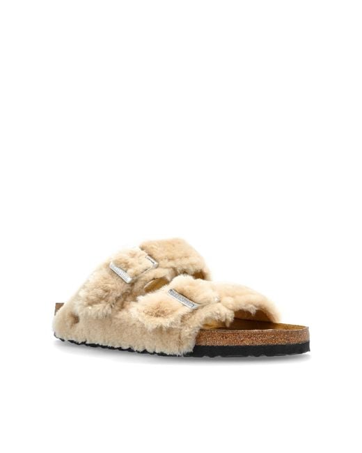 Birkenstock White Arizona Shearling Rivet Logo Slides